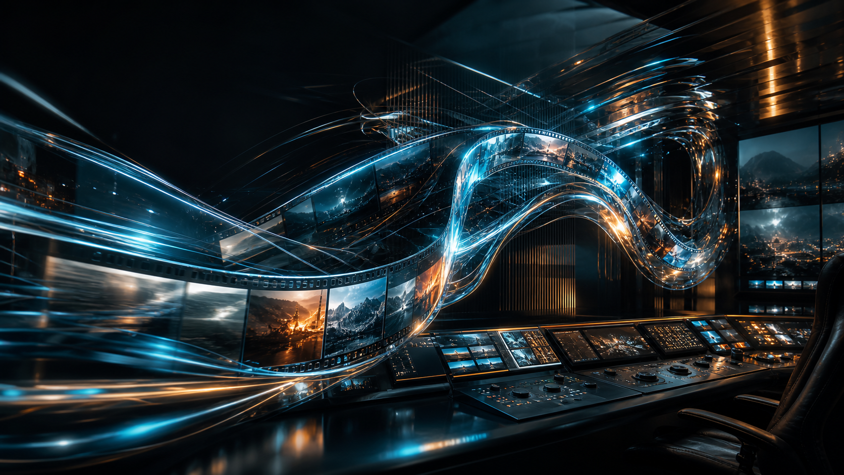 Abstract video distribution and control-room environment with flowing light paths