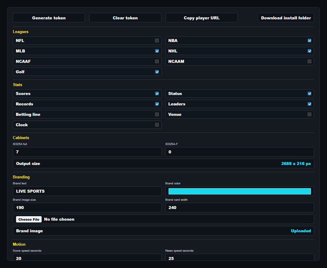 Live Sports Ticker settings screen showing league toggles, cabinet sizing, branding, and motion controls